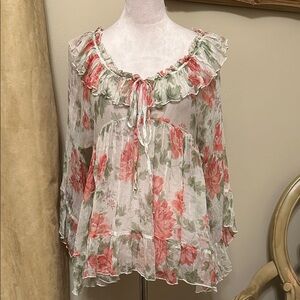 Jade Johnny Was Silk Floral Ruffle Peasant Blouse - Red /Coral and Sage / Green